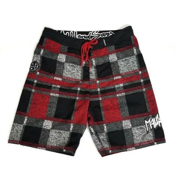 Maui and Sons Mens 34 Red Black Grey Plaid Boardshorts Surf Wake Swim Beach - Picture 1 of 5